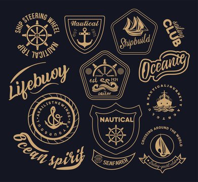 Sailing stickers gold set. Collection of minimalist badges with nautical slogans. Ship or boat with wheel and anchor. Ocean or sea. Cartoon flat vector illustrations isolated on black background