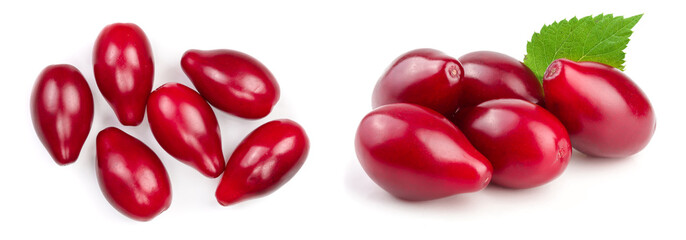 Red berries of cornel or dogwood isolated on white background. Top view. Flat lay