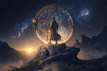 Sorcerer using an astrolabe to gain forbidden knowledge, standing on a mountain top, starry night, mild wind, magical effects, cinematic lighting, cinematic composition, Generative AI
