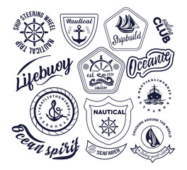 Sailing stickers minimalistic set. Nautical adventure collection. Ships and boats with inscriptions. Emblem, badge, label or template. Cartoon flat vector illustrations isolated on black background