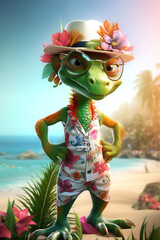 Stylish Lizard Fantasy Cartoon Character In Hawaiian Outfits Clothes On Beach Generative Ai Digital Illustration Part#250323