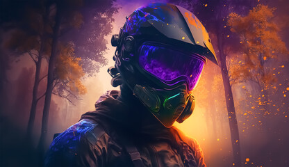 Motocross and Rider with helmet, race, neons light, High detail, hyper realistic, 8k, with beautiful green forest views in the helmet goggles. white background. Created with Generative AI technology.