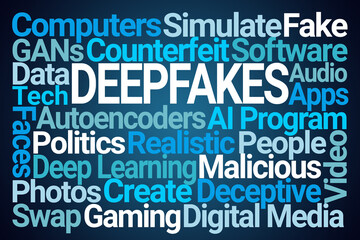 Obraz premium Deepfakes Word Cloud on Blue Background