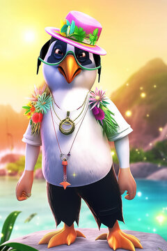 Stylish Penguin Fantasy Cartoon Character In Hawaiian Outfits Clothes On Beach Generative Ai Digital Illustration Part#250323