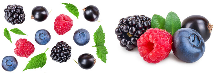 mix of blackberry blueberry raspberry isolated on white background. Top view. Flat lay pattern
