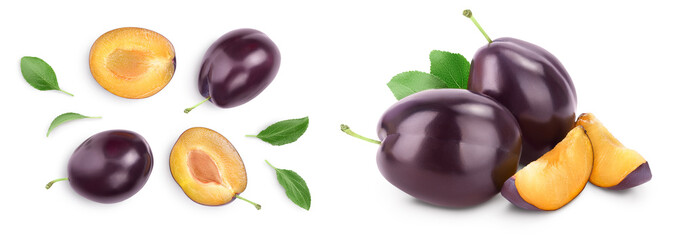 fresh purple plum and half with leaves isolated on white background with  full depth of field. Top view. Flat lay