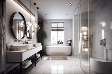 Gorgeous bathroom with bathtub, cabinet, large windows, plant, and artificial light. Luxury bathroom. Relaxing room. Bright bathroom. Opulent. Bathroom mirror. Spacious bath, generative AI tools.
