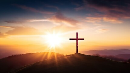 Silhouette of crucifix cross on mountain at sunset sky background generative AI