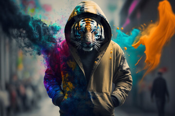 Tiger in a scratchy hoody surrounded by a vivid color bomb explosion background, ultra-realistic rendering, ideal for colorful wall art, home décor, and gifts for animal lovers. Generative AI