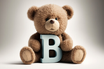 A cute teddybear holds the alphabet letter B. Cheerful teddy abc for kids, school, education. Generative AI. 