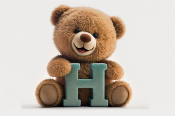 A happy teddybear holds the alphabet letter H. Cute teddy abc for kids, school, education. Generative AI. 