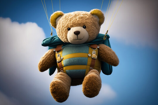 A Cute Skydiver Teddy Bear With A Parachute Against Blurred Cloudy Sky. Generative AI.