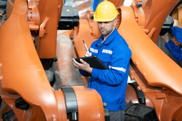 Industrial engineer working on mechanic part orange robot frame before assembly to smart automation machine. Industry 4.0 is robotization technology in modern factory. Robotics engineering concept.