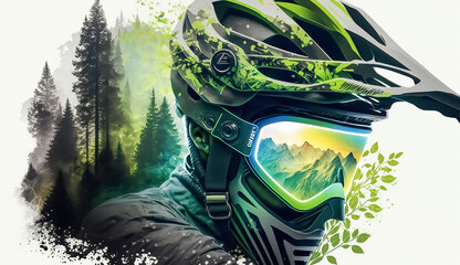 Mountain bike and Rider with helmet, race, neons light, High detail, hyper realistic, 8k, with beautiful green forest views in the helmet goggles. white background. Created with Generative AI technolo