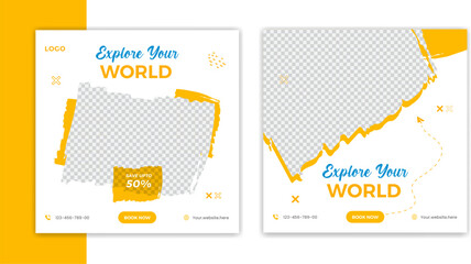 Creative Travel social media post design, holiday vacation square post template, hotel online post vector, happy journey carousel