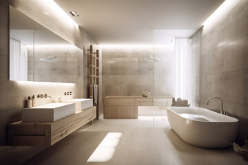 Gorgeous bathroom with bathtub, cabinet, and artificial light. Luxury bathroom. Relaxing room. Bright bathroom. Opulent. Bathroom mirror. Spacious bath, generative AI tools.