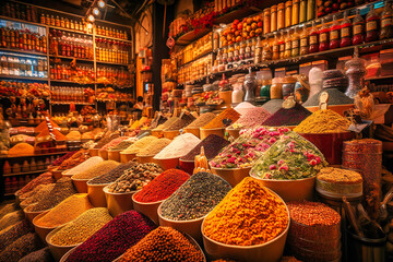 The colorful and exotic spice markets of Istanbul in Turkey offer a vibrant and sensory summer travel background, with aromatic spices, handmade textiles, and traditional crafts - obrazy, fototapety, plakaty