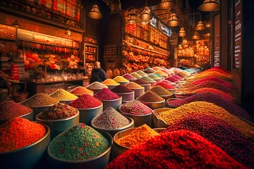 Poster The colorful and exotic spice markets of Istanbul in Turkey offer a vibrant and sensory summer travel background, with aromatic spices, handmade textiles, and traditional crafts © Nilima