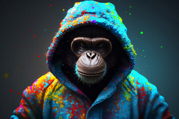 monkey in a scratchy hoody surrounded by a vivid color bomb explosion background, ultra-realistic rendering, ideal for colorful wall art, home décor, and gifts for animal lovers. Generative AI