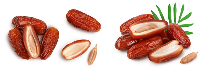 Dates isolated on white background . Top view. Flat lay