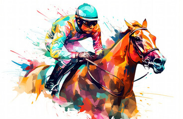 Abstract racing horse with jockey from splash of watercolors on white background. Illustration of paints. Generative AI.