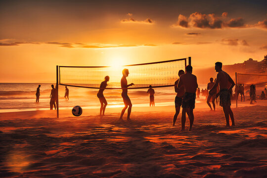 A group of friends playing a game of beach volleyball with a vibrant sunset in the background