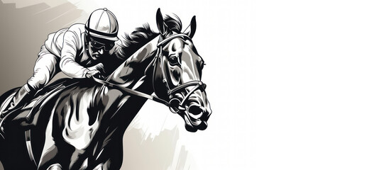 Racing horse with jockey from cartoon painting on white background. Illustration of paints. Generative AI.