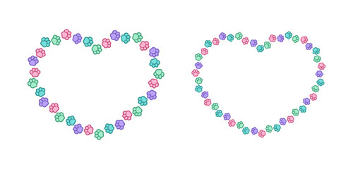 Heart shaped colorful pastel animal paw print frame with copy space set. Cute Valentines Day, animal lover dog paw prints border. Vector illustration