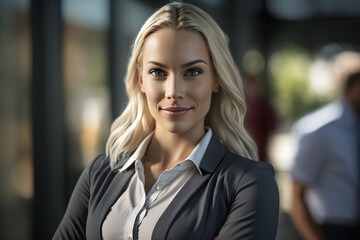 smiley beautiful young blonde businesswoman standing with arms crossed at office building, portrait of a businesswoman, portrait of a businesswoman, smiley beautiful posing outdoors businesswoman