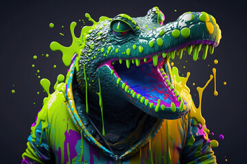 Crocodile in a scratchy hoody surrounded by a vivid color bomb explosion background, ultra-realistic rendering, ideal for colorful wall art, home décor, and gifts for animal lovers. Generative AI