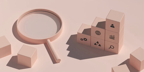 Conceptual business illustration with pink pastel blocks icons and magnifying glass