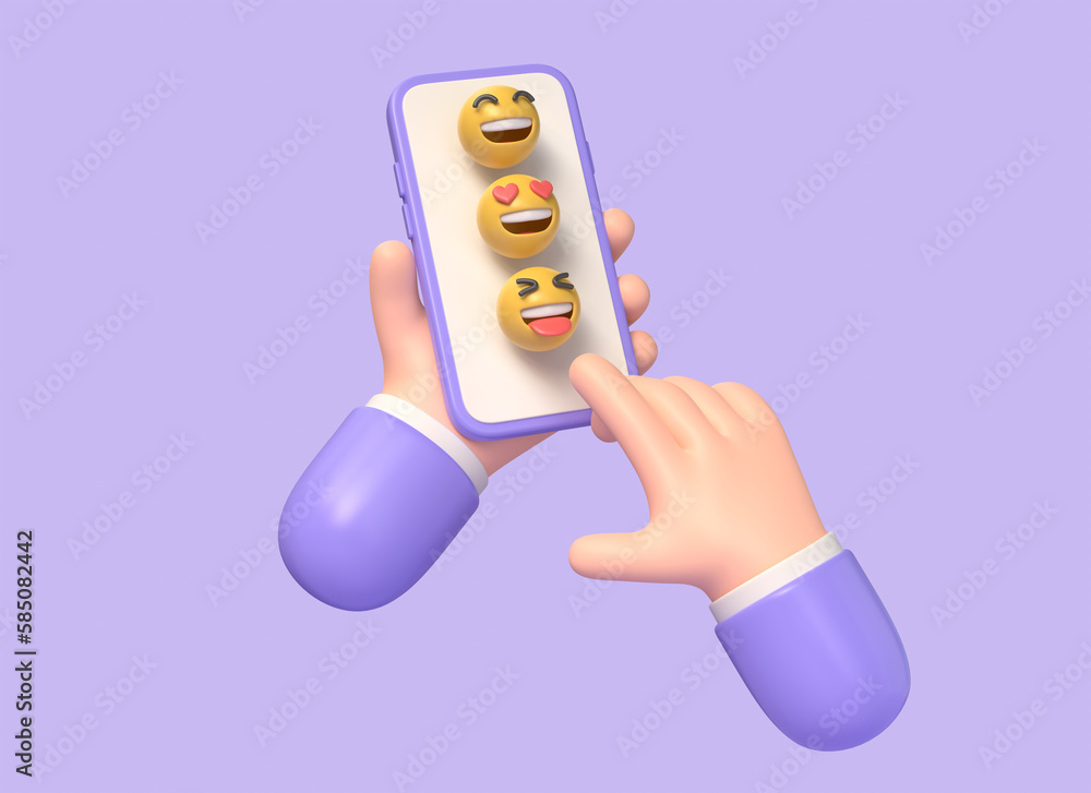 Aufkleber 3d mobile phone in the hand of a cartoon character and smile icons on the screen. the concept of com