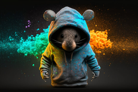 Mouse in a scratchy hoody surrounded by a vivid color bomb explosion background, ultra-realistic rendering, ideal for colorful wall art, home décor, and gifts for animal lovers. Generative AI
