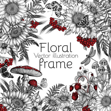 Vector forest frame. Linear graphic sunflower, chicory, chamomile, fern, ears of wheat, viburnum, mushrooms, fly agaric, wild strawberries, butterflies, dragonfly
