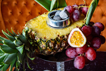Luxury hookah with pineapple. Exotic bowl with fruit