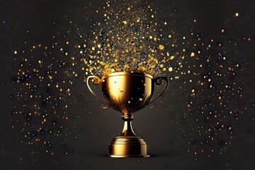 Celebration of championship in golden cup competitions filled with golden confetti, created with generative ai