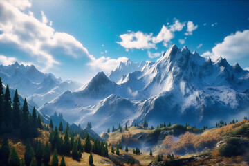 A majestic mountain range, its peaks shrouded in wispy clouds, standing tall and proud against the clear blue sky