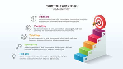 Stairway to Success Infographic Presentation Template with Five Steps on a 16:9 Ratio with a 3D Isometric Target Board and Business Icon for Business Goals, Business Reports, and Website Design.