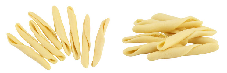 Typical Calabrian pasta called Maccheroncini also known as Maccheroni isolated on white background. Top view. Flat lay