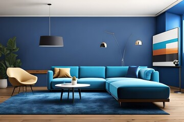Interior of modern living room with blue armchair and coffee tables. Home design. 3d rendering