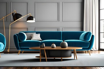 Interior of modern living room with blue armchair and coffee tables. Home design. 3d rendering