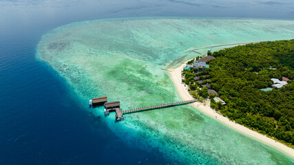 Aerial view of beautiful sandy beach on the Pom Pom islet. Seascape in the tropics.Tun Sakaran...