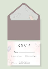 Refined Vector envelop with RSVP. Template of invitation with RSVP. Vector Illustration of envelop. For an invitation, celebration or wedding with leaf and floral style, Watercolor, with gold glitter
