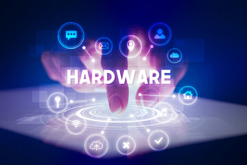 Finger touching tablet with web technology icons concept