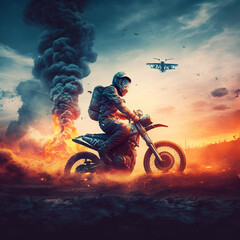 Motorcycle drive to Doomsday with smoke and fire