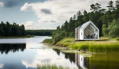 Fototapeta na wymiar modern white tiny house on the lake