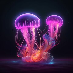 3d jellyfish glowing in the dark, neon 90s, Beautiful in sea - Generative AI