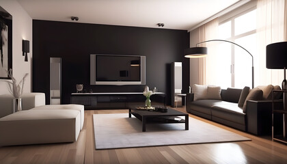 living room with furniture and flat screen tv, generative AI