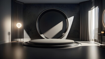 Round metal podium on luxury minimalistic modern background with a circle on top Perfect platform for showing your products with copy space generative ai Three dimensional illustration