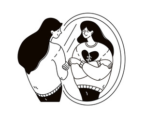 Self love, self acceptance concept Woman hugs herself and looks at her reflection in the mirror